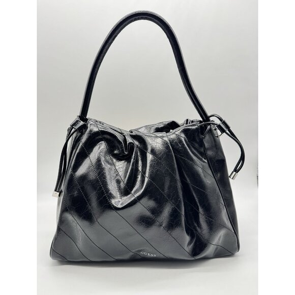 GUESS Amy shiny faux-leather drawstring women's tote bag - Black - Picture 6 of 10